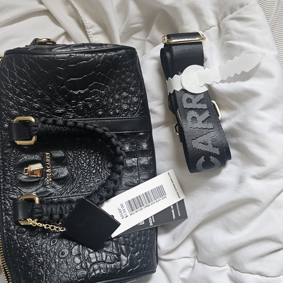 Black Crocodile Embossed Satchel with Braided Handles - Picture 4 of 4